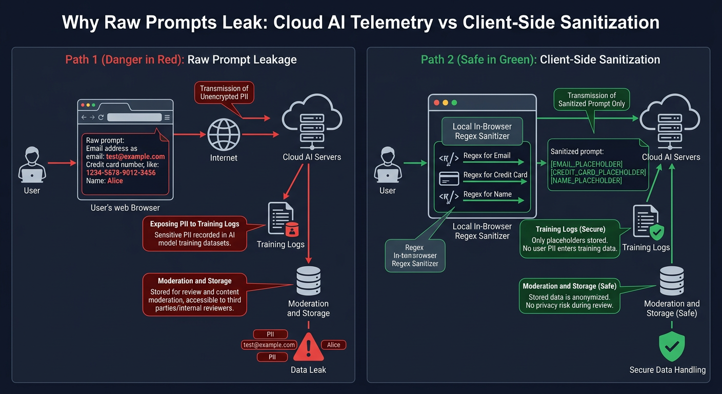 Why Raw AI Prompts Leak: Cloud AI Telemetry vs Client-Side Sanitization Diagram